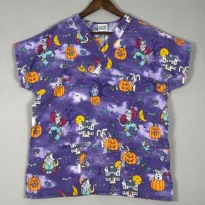 Simply Basic Halloween Scrub Top Women Medium Purple Excellent Vintage Y2K Print